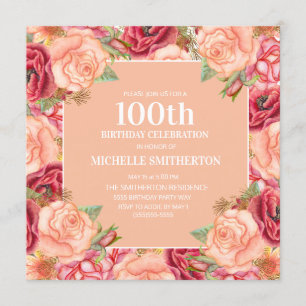 Pink Red Floral 100th Birthday Party Women Invitation