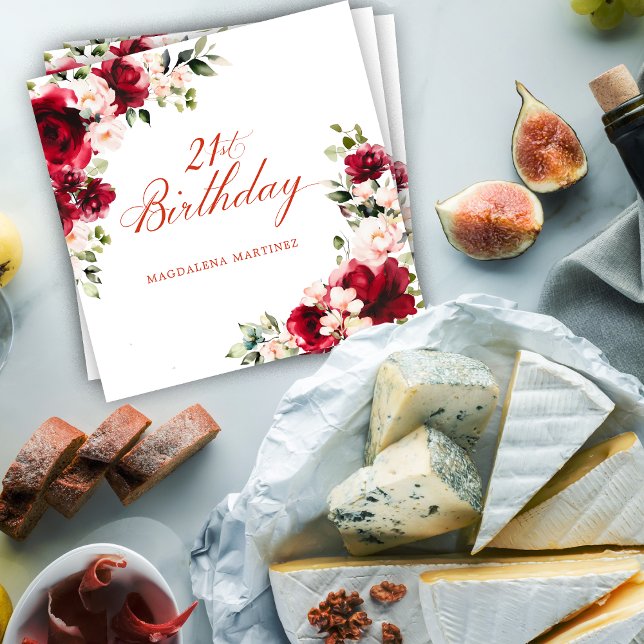 Pink Red Floral 21st Birthday Custom Cocktail Napkin (Creator Uploaded)