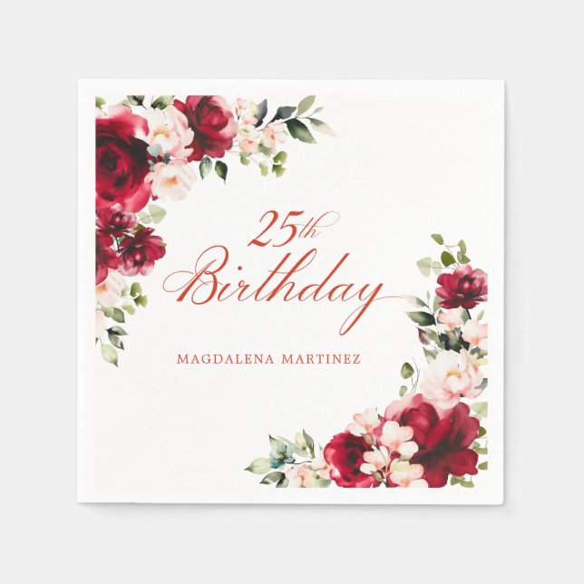 Pink Red Floral 25th Birthday Custom Cocktail Napkin (Front)