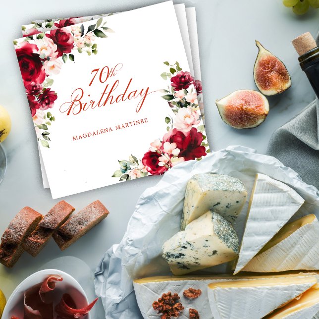Pink Red Floral 70th Birthday Custom Cocktail Napkin (Creator Uploaded)