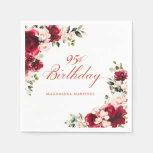 Pink Red Floral 95th Birthday Custom Cocktail Napkin