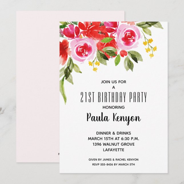 Pink Red Floral Birthday Party Invitations (Front/Back)