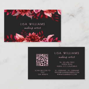 Pink Red Floral Black Watercolor Flowers l QR Code Business Card