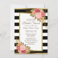 Pink Red Floral Black White Stripes Gold Bridal