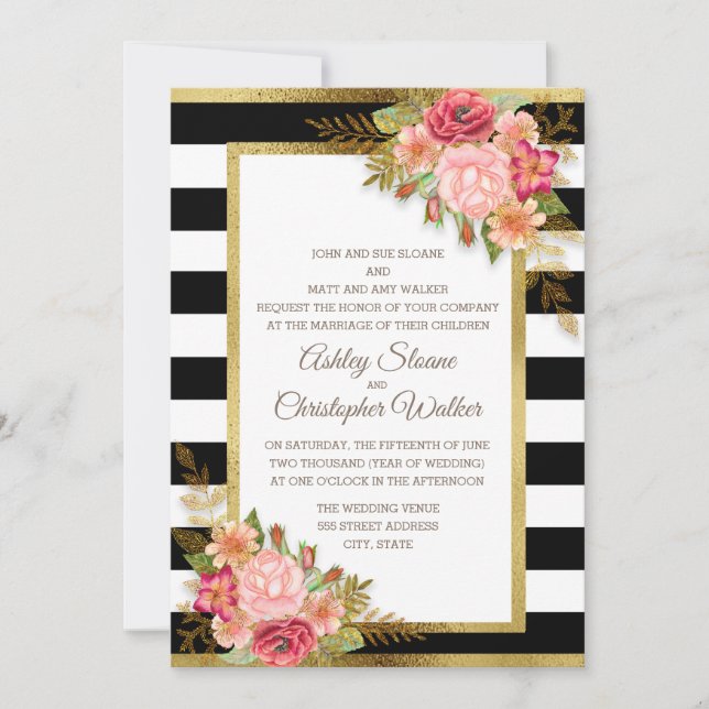 Pink Red Floral Black White Stripes Gold Wedding Invitation (Front)