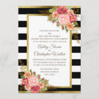 Pink Red Floral Black White Stripes Gold Wedding