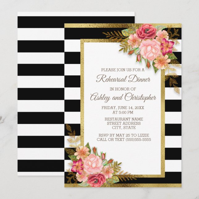 Pink Red Floral Black White Stripes Gold Wedding Invitation (Front/Back)