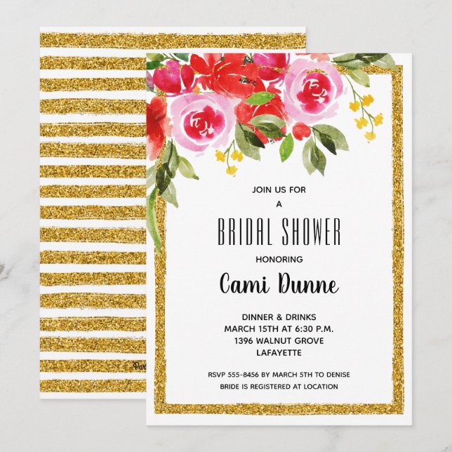 Pink Red Floral Bridal Shower Glitter Invites (Front/Back)