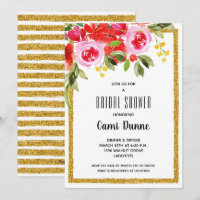Pink Red Floral Bridal Shower Glitter Invites