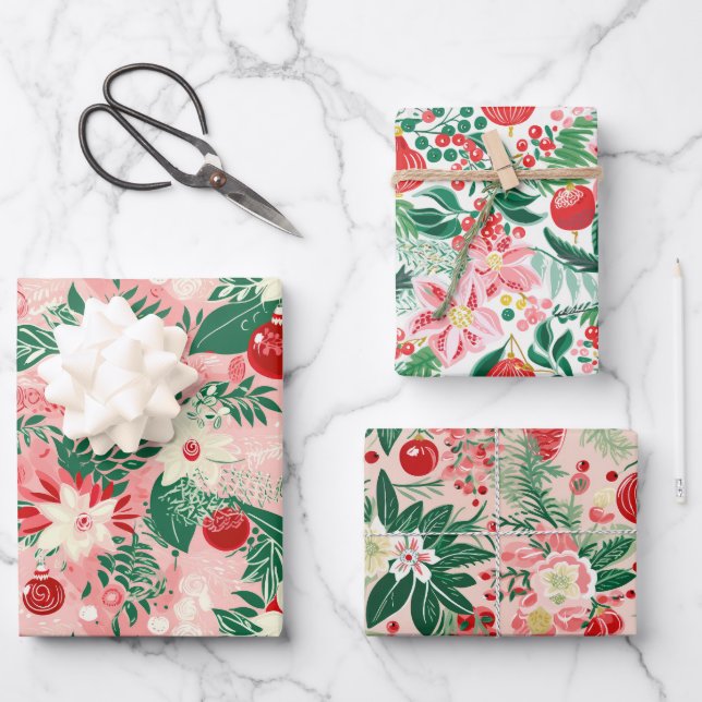 Pink Red Floral Christmas Wrapping Paper Sheet (Front)