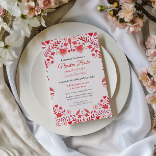 Pink Red Floral Elegant Aesthetic Spanish Wedding Invitation