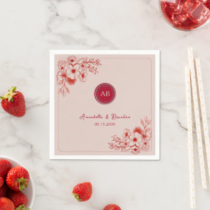 Pink Red Floral Monogram Wedding Napkin