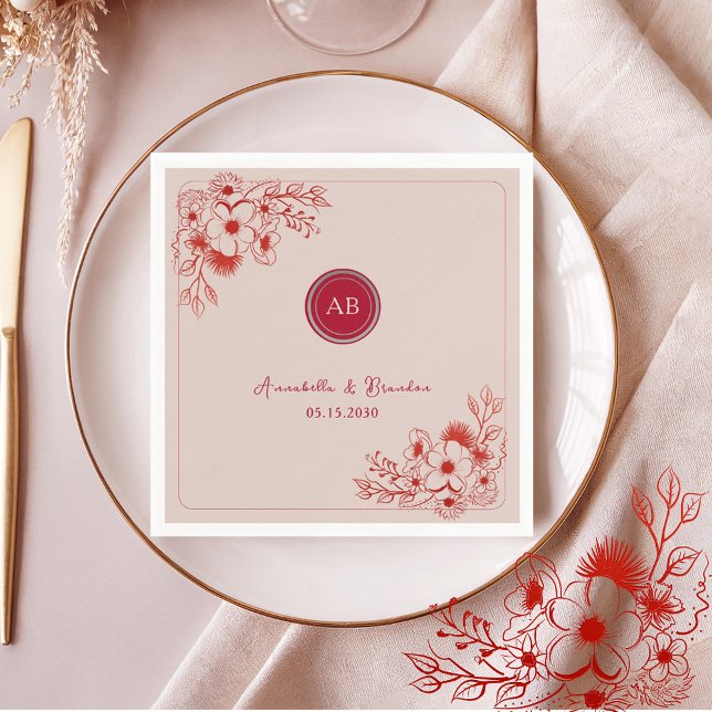 Pink Red Floral Monogram Wedding Napkin (Creator Uploaded)