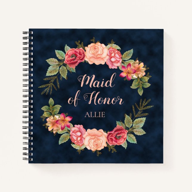 Pink Red Floral Navy Blue Maid Honour Wedding Notebook (Front)