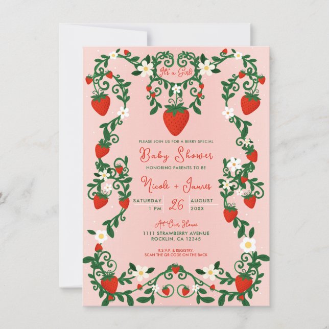 Pink & Red Floral Vines Strawberry Baby Shower Invitation (Front)