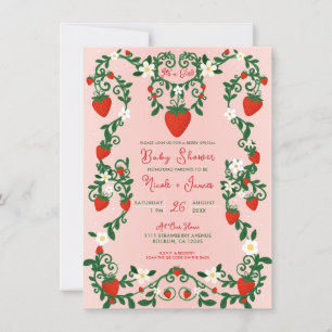 Pink & Red Floral Vines Strawberry Baby Shower Invitation