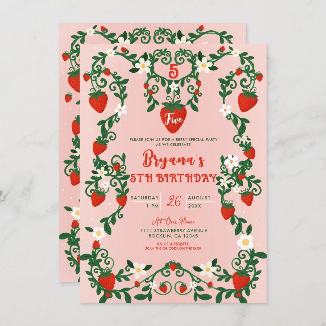 Pink & Red Floral Vines Strawberry Birthday Party Invitation (Front/Back)