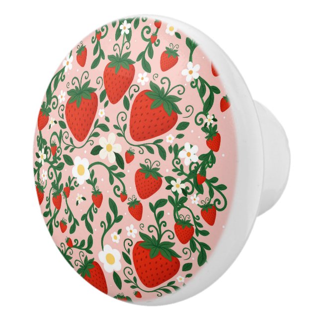 Pink & Red Floral Vines Strawberry Cute Ceramic Knob (Right)