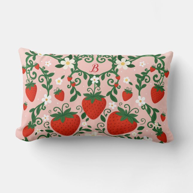 Pink & Red Floral Vines Strawberry Cute Lumbar Cushion (Front)