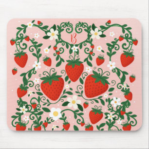 Pink & Red Floral Vines Strawberry Cute Mouse Mat