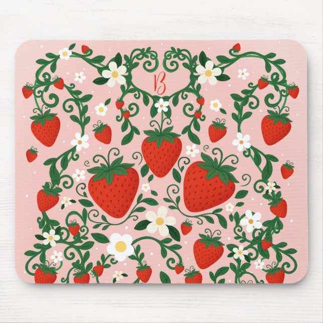 Pink & Red Floral Vines Strawberry Cute Mouse Mat (Front)