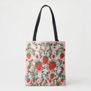 Pink & Red Floral Vines Strawberry Cute Tote Bag