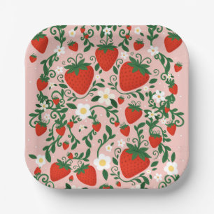 Pink & Red Floral Vines Strawberry Party Stickers Paper Plate