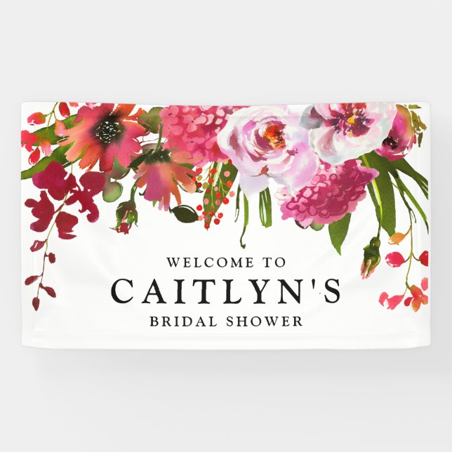Pink Red Floral Watercolor Bridal Shower Welcome Banner (Horizontal)