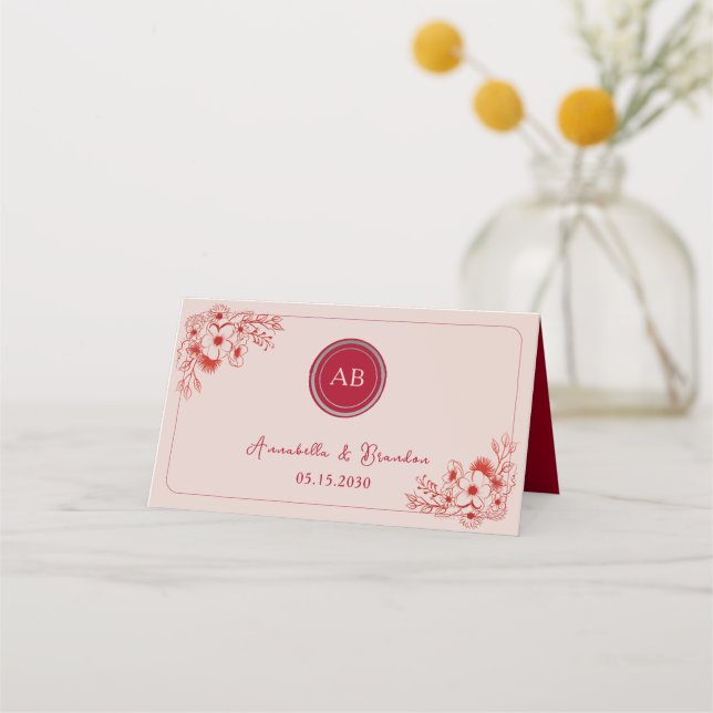 Pink Red Floral Wedding Place Card (Front)