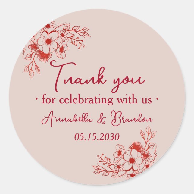 Pink Red Floral Wedding Thank You Classic Round Sticker (Front)