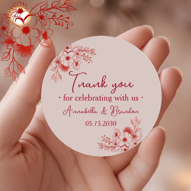 Pink Red Floral Wedding Thank You Classic Round Sticker (Creator Uploaded)