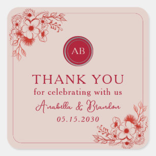 Pink Red Floral Wedding Thank You Square Sticker