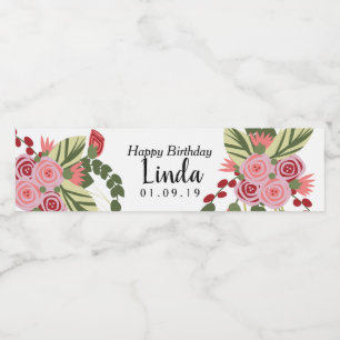 Pink Red Florals Happy Birthday Water Bottle Label