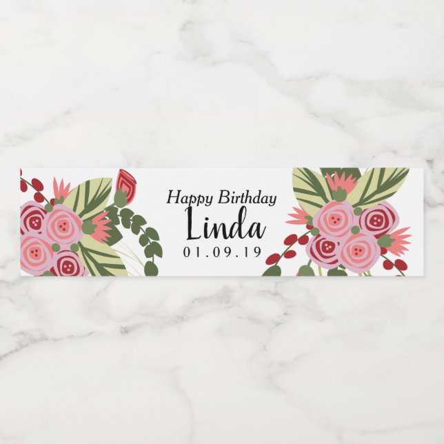 Pink Red Florals Happy Birthday    Water Bottle Label (Single Label)