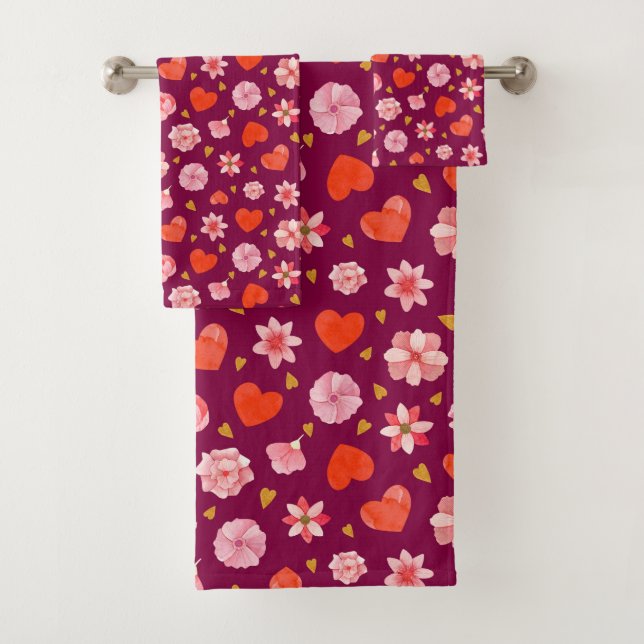 Pink & Red Flowers and Hearts  Bath Towel Set (Insitu)