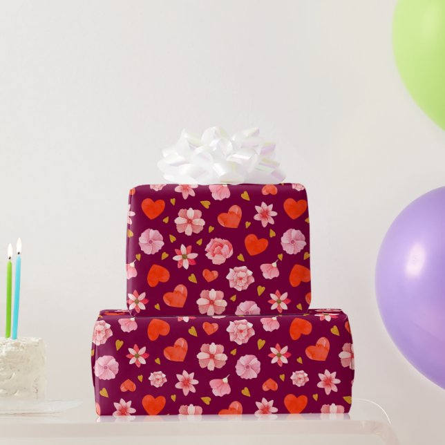 Pink & Red Flowers and Hearts  Wrapping Paper (Party Gifts)