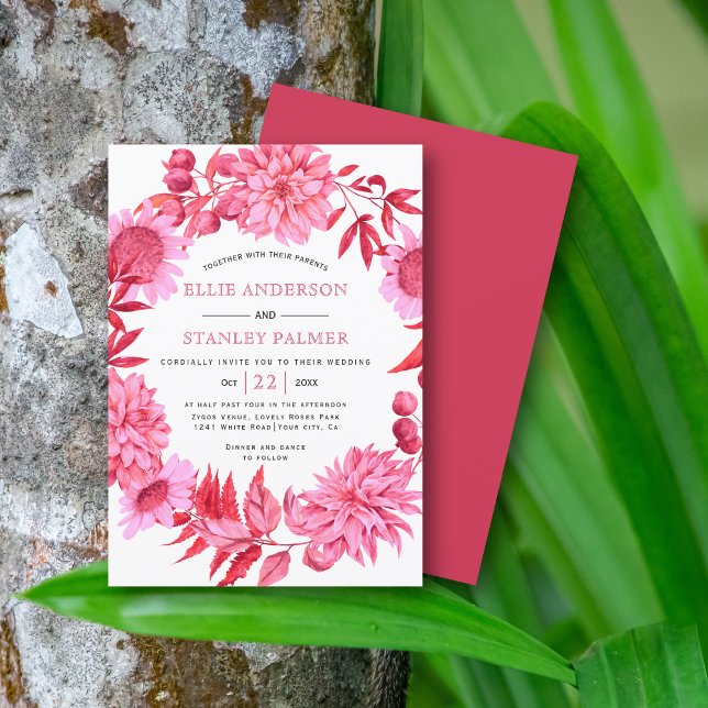 Pink red flowers and leaves wreath wedding invitation (Creator Uploaded)