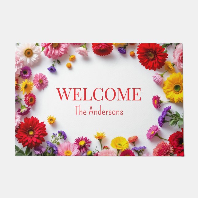 Pink Red Flowers Colourful Door Mat (Front)