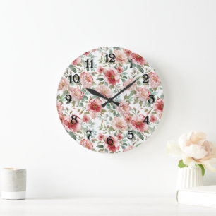 Pink Red Flowers Large Clock