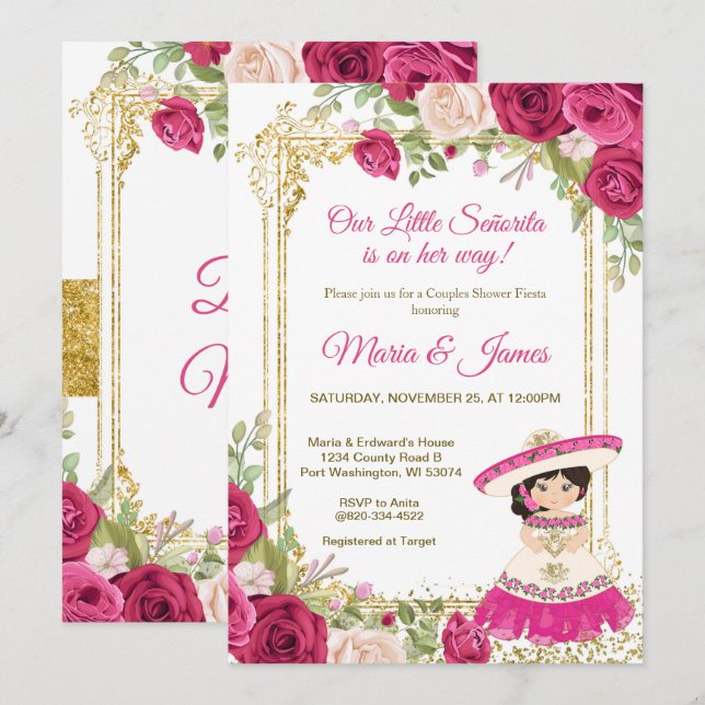 Pink Red Flowers Mexican Fiesta Couple Shower   Invitation (Front/Back)