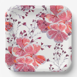 Pink-red flowers on white. paper plate
