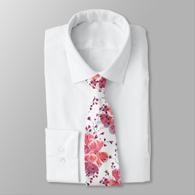 Pink-red flowers on white.  tie (Tied)