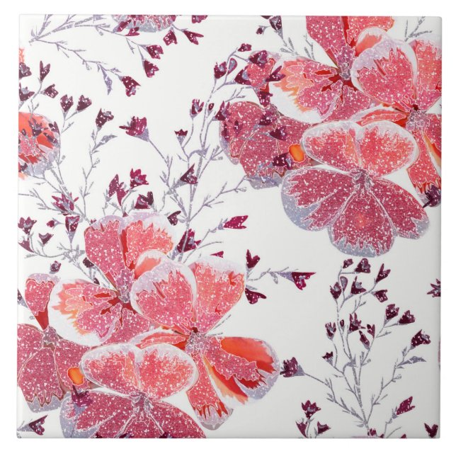 Pink-red flowers on white.  tile (Front)