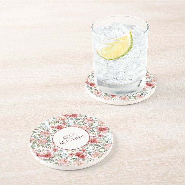 Pink Red Flowers Personalised Quote Coaster (Side)
