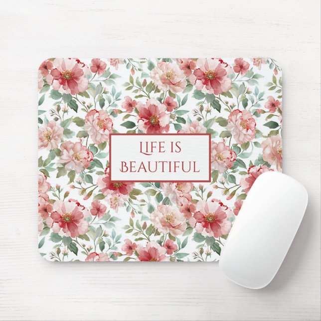 Pink Red Flowers Personalised Quote Mouse Mat (With Mouse)