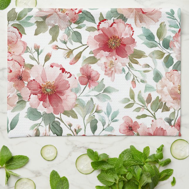Pink Red Flowers Tea Towel (Folded)