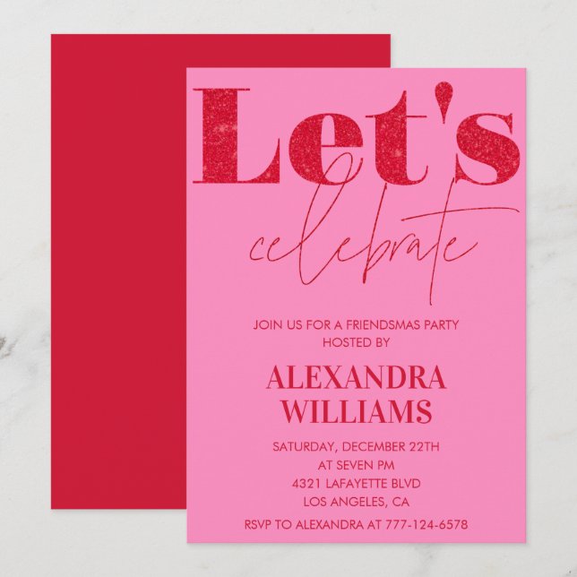 Pink Red Friendsmas invitations Let's celebrate (Front/Back)