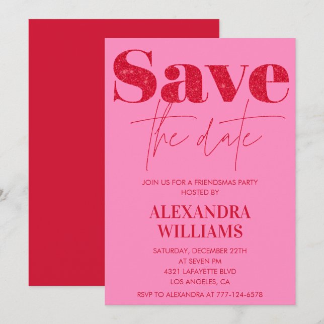 Pink Red Friendsmas invitations Save the date (Front/Back)