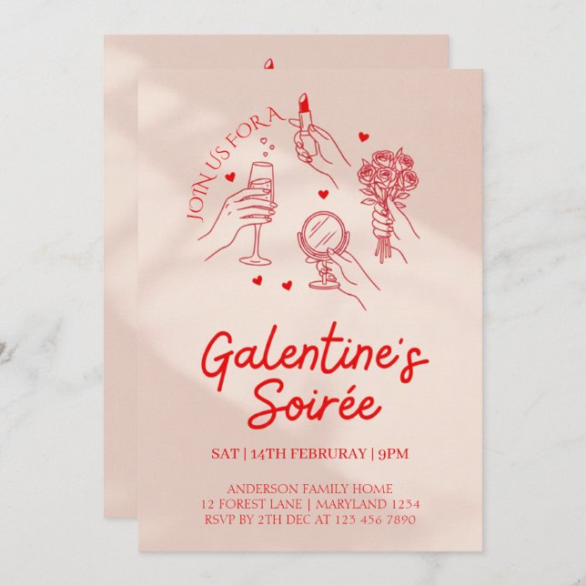 Pink & Red Galentine’s Day Party Invitation Templa (Front/Back)