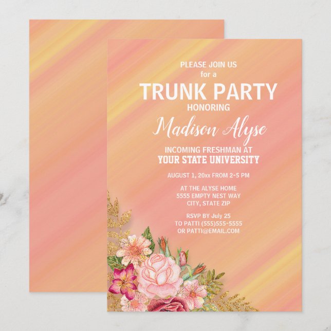 Pink Red Garden Floral Yellow College Trunk Party Invitation (Front/Back)
